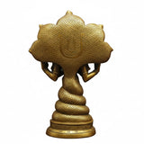 Brass Patanjali statue, antique golden finish, rear view with textured fan halo and clasped hands