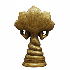 Brass Patanjali statue, antique golden finish, rear view with textured fan halo and clasped hands