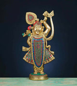 Brass Shreenathji murti with multicolour stonework, flute-holding stance, detailed robe