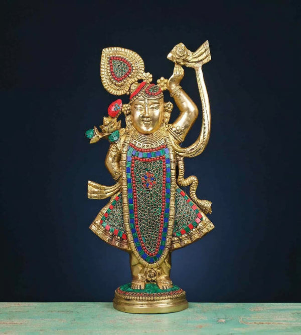 Brass Shreenathji Stonework Murti Multicolour (Height: 18 Inches) Entryway Setting