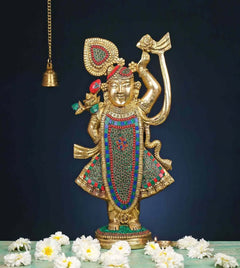 Brass Shreenathji murti with multicolour stonework, lifted hand and curved raised arm