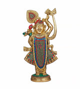 Brass Shreenathji murti, multicolour stonework on crown, robe, and decorative chest panel