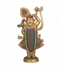 Brass Shreenathji murti, multicolour stonework on crown, robe, and decorative chest panel