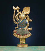 Brass Shreenathji murti in profile, multicolour stonework outfit and raised arm