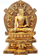 Front view brass seated Buddha with gilded halo and patterned base
