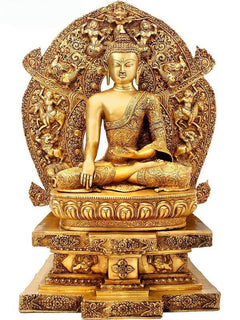 Front view brass seated Buddha with gilded halo and patterned base