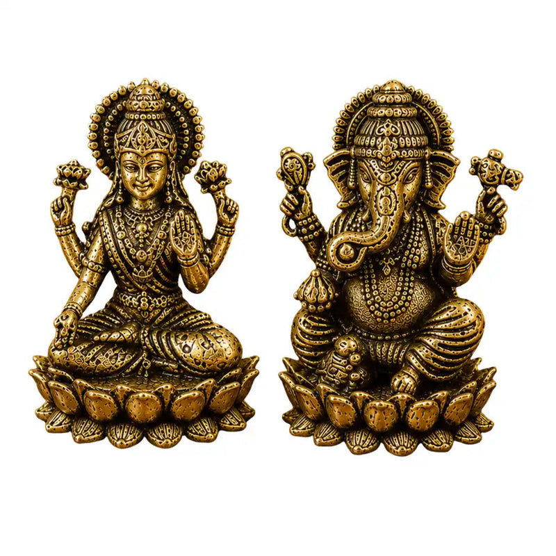Brass Sitting Lakshmi Ganesh Idol – Antique Finish Handcrafted Statue for Home Temple, Pooja Room & Décor (Height: 1.4 Inches)