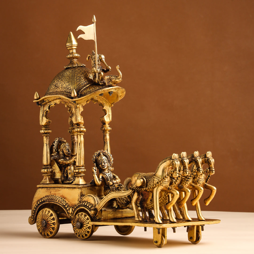 Brass Krishna Arjuna Rath Sculpture (Height:15 Inches)