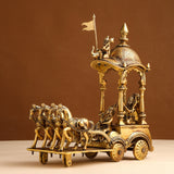 Brass chariot sculpture with arched canopy, flag, four horses, detailed wheels and base