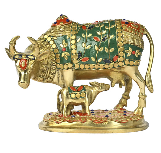 Brass Cow and Calf with Inlay Work Sculpture (Height :8 Inches)
