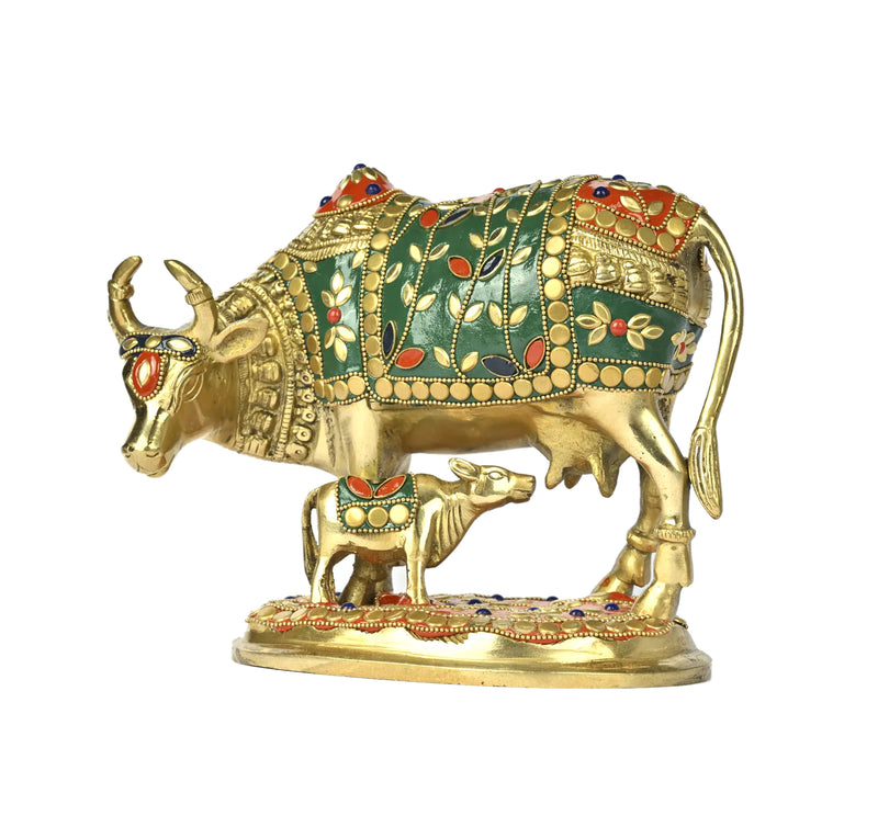Brass Cow and Calf with Inlay Work Sculpture (Height :8 Inches)