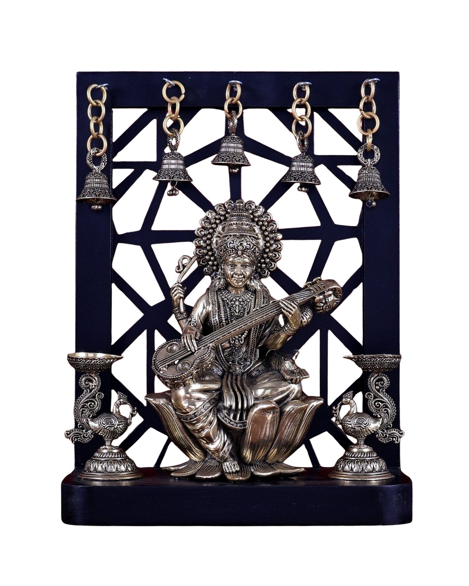AONA Brass Saraswati Idol on Lotus with Annam Lamps and Hanging Bells