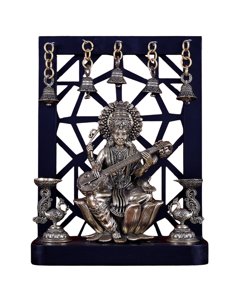 AONA Brass Saraswati Idol on Lotus with Annam Lamps and Hanging Bells