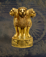 Brass Ashoka Stambh emblem memento, front view lion statue with engraved wheel base