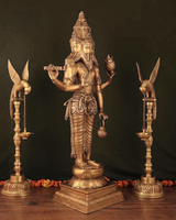 Brass Lord Brahma standing sculpture, hands raised; layered robe and headdress, 38.5 in