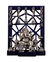 Brass Ganesha temple frame with mooshak idol and hanging bell chains, 12-inch