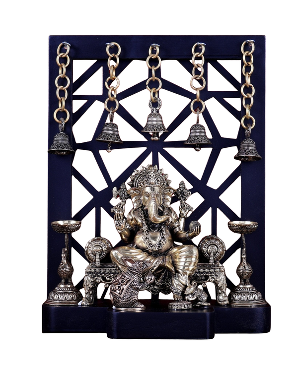 Superfine Brass Ganesha Temple frame with mooshak Idol (Height :12 Inches)