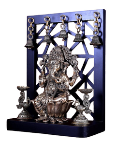 AONA brass Ganesha sitting on lotus, framed with four hanging bells and oil lamps
