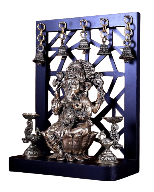 Superfine Brass Ganesha Idol on Lotus with Annam Lamps and Hanging Bells (Height :12 Inches) Craft Detail