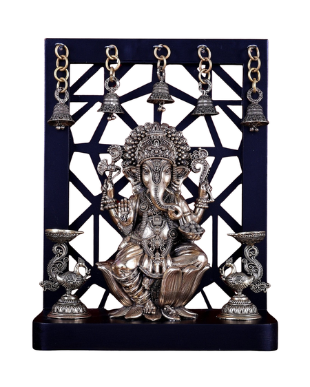Superfine Brass Ganesha Idol on Lotus with Annam Lamps and Hanging Bells (Height :12 Inches)