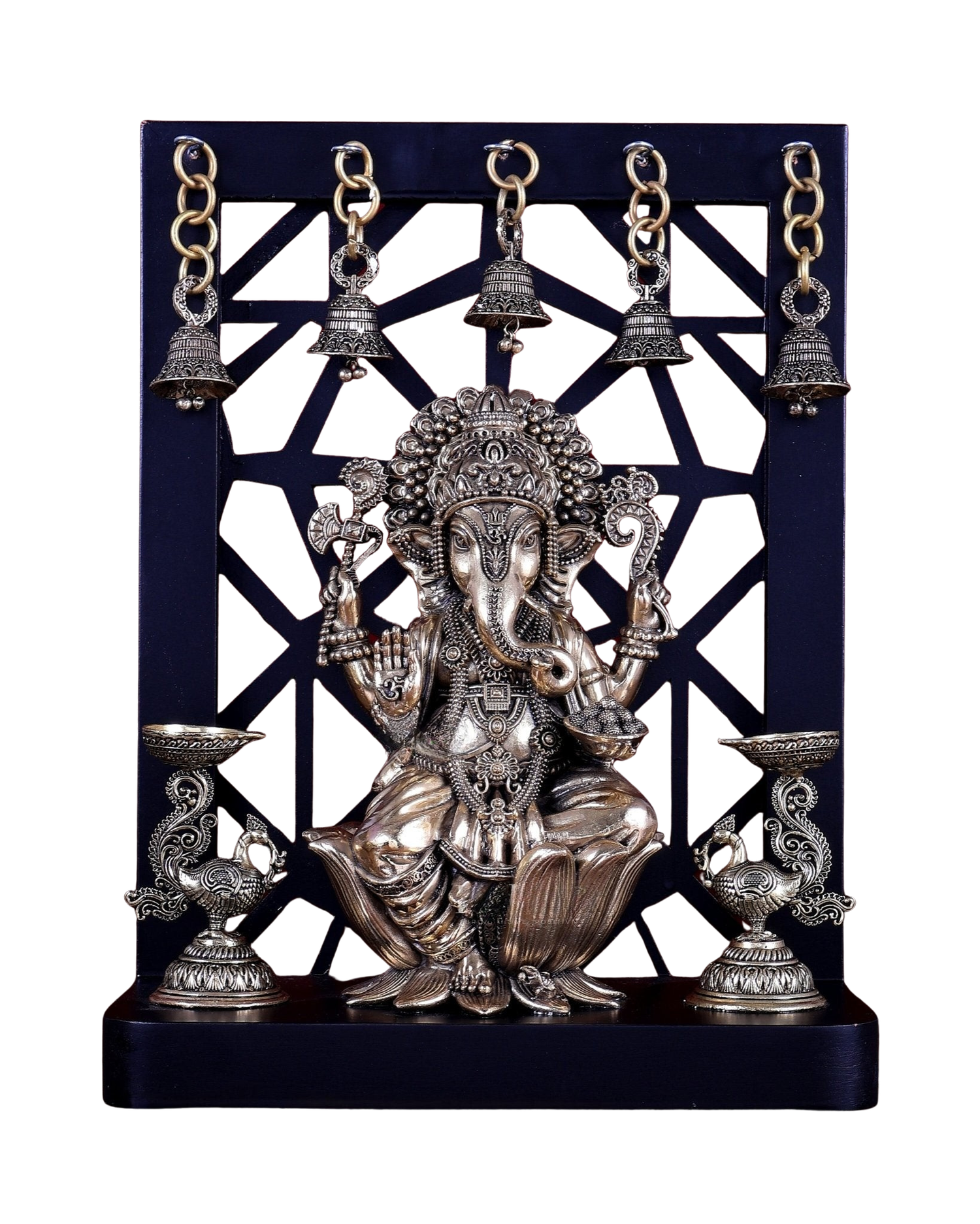AONA Brass Ganesha Idol on Lotus with Annam Lamps and Hanging Bells