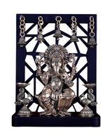 Superfine brass Ganesha idol on lotus with hanging bells, annam lamps, 12-inch height