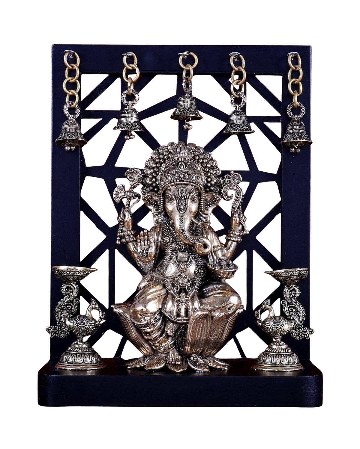 Superfine Brass Ganesha Idol on Lotus with Annam Lamps and Hanging Bells (Height :12 Inches)