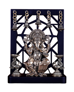 Superfine brass Ganesha idol on lotus with hanging bells, annam lamps, 12-inch height