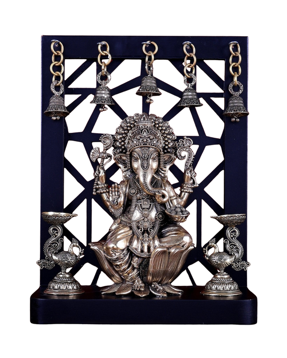 AONA Brass Ganesha Idol on Lotus with Annam Lamps and Hanging Bells