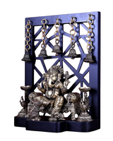Brass Ganesha idol with multiple hanging bells, cutout temple frame, 12-inch