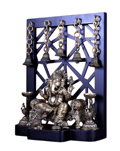 Brass Ganesha idol with multiple hanging bells, cutout temple frame, 12-inch