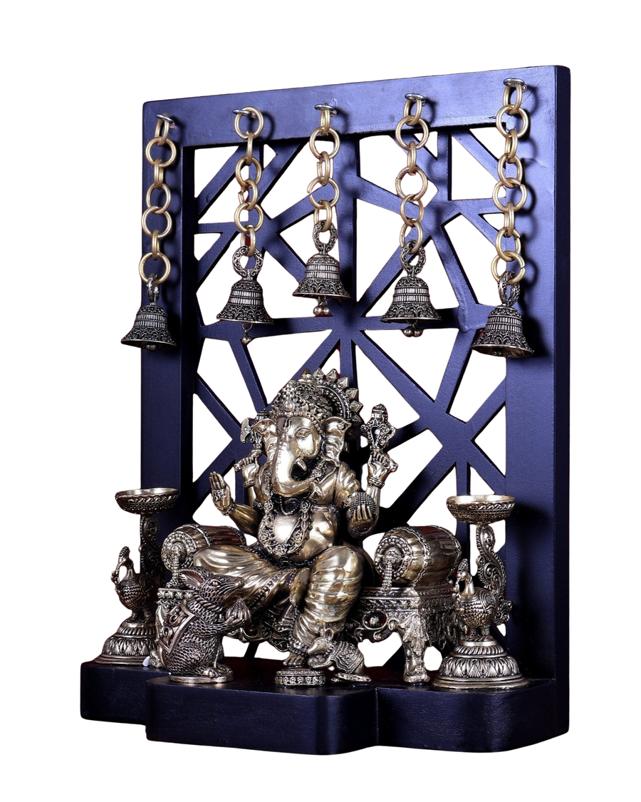 Superfine Brass Ganesha Temple frame with mooshak Idol (Height :12 Inches) Craft Detail