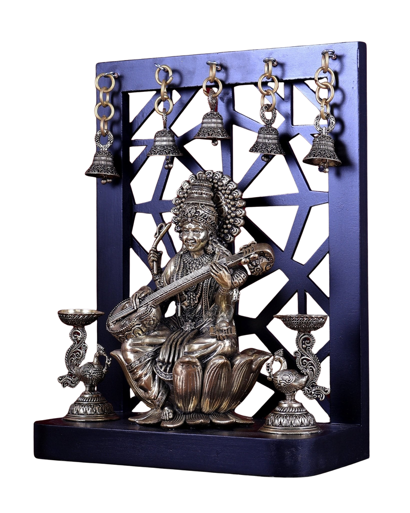 Brass Saraswati Idol on Lotus with Annam Lamps and Hanging Bells (Height :12 Inches)