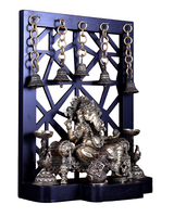Brass Ganesha mooshak idol with hanging bell set, blue temple frame, 12-inch