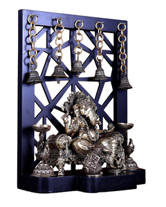 Brass Ganesha mooshak idol with hanging bell set, blue temple frame, 12-inch
