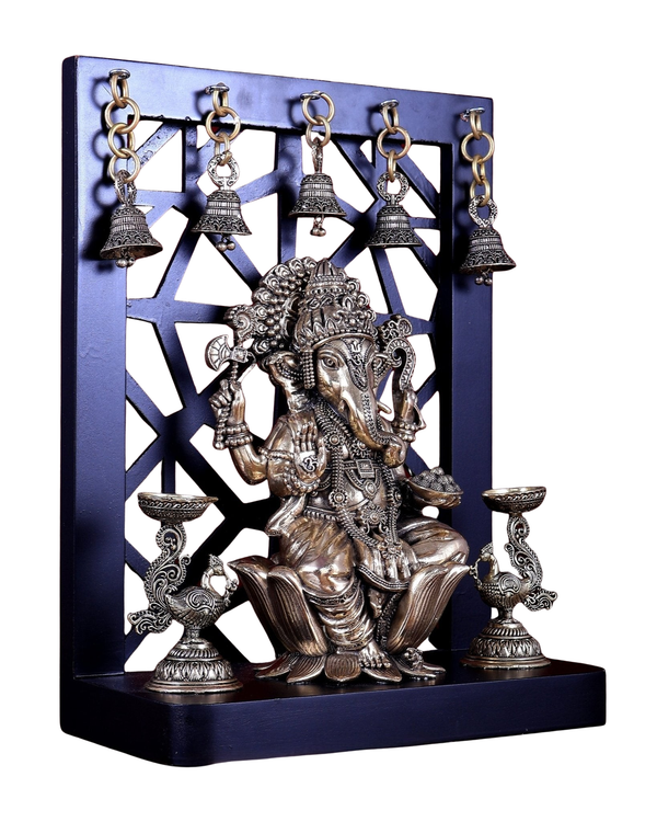 Superfine Brass Ganesha Idol on Lotus with Annam Lamps and Hanging Bells (Height :12 Inches) Study Setting