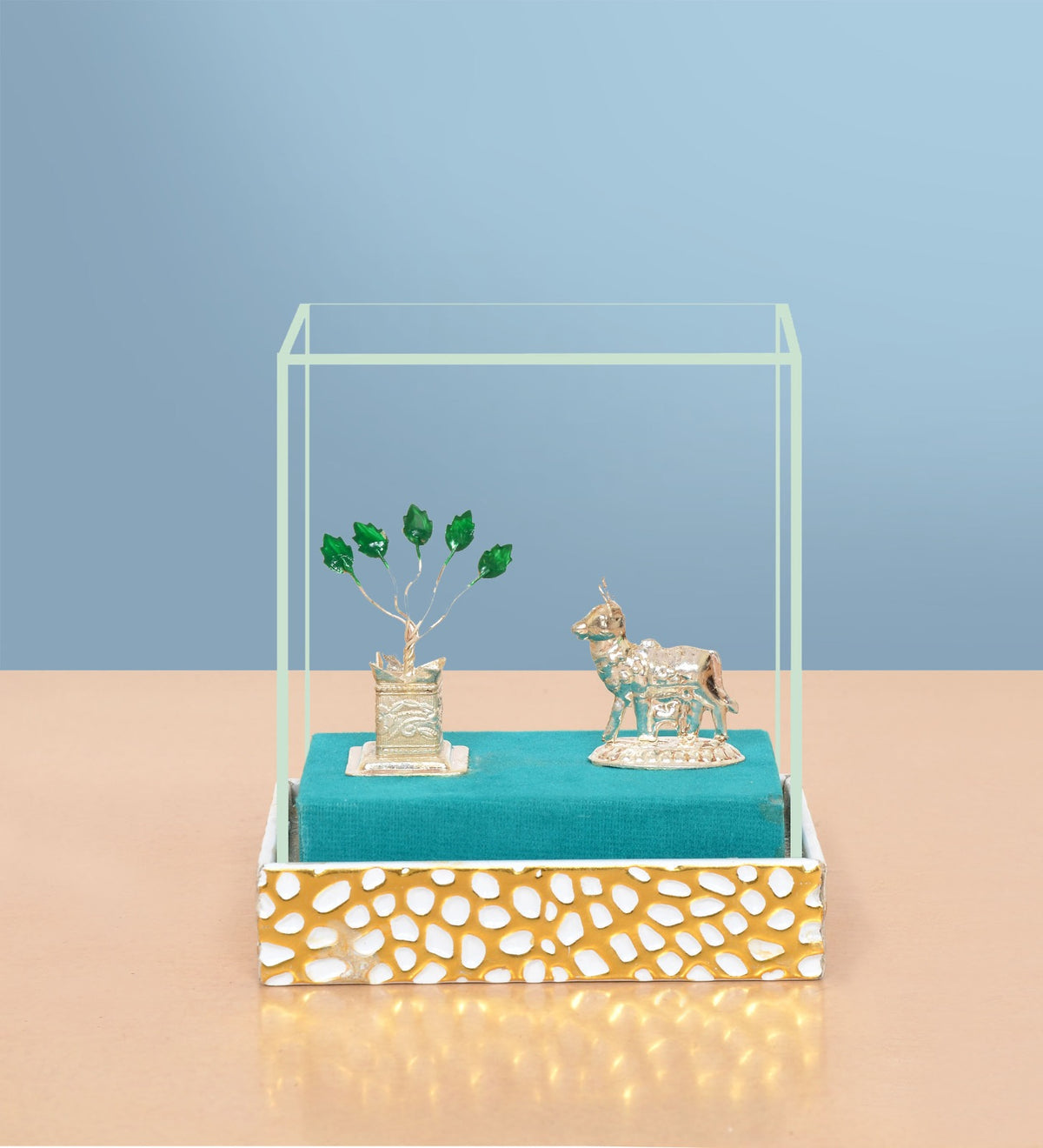 White Metal Kamdhenu Cow with Tulsi Plant Symbol of Purity and Prosperity (Height : 5 Inches)