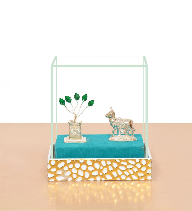 White Metal Kamdhenu Cow with Tulsi Plant Symbol of Purity and Prosperity (Height : 5 Inches)