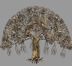 Brass Tree of Life hanging wall decor with detailed leaf branches and dangling strands