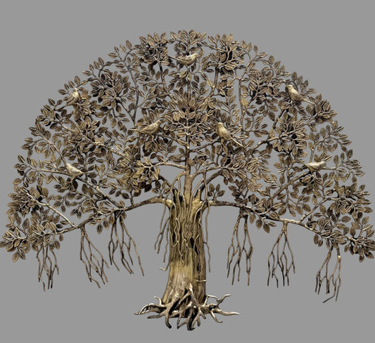 Brass Tree of Life hanging wall decor with detailed leaf branches and dangling strands