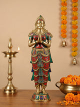 Large brass Namaste lady statue in Anjali mudra, red/teal patterned dress