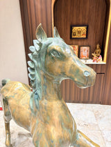 Running horse statue head and neck, green patina, detailed mane, brass finish