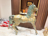 Running horse statue full body, green and gold patina, 60-inch height