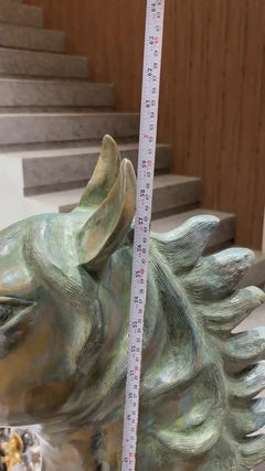 Measuring tape beside horse statue mane and body, green patina, 60-inch height