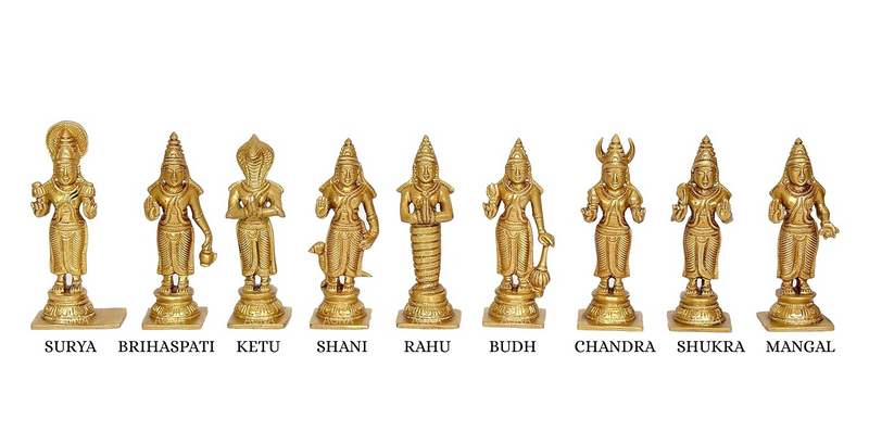Brass Navgraha Statue - Nine Planetary Deities - Intricate Brass Sculpture for Home Temple and Vedic Astrology Decor (Height 7 Inch)