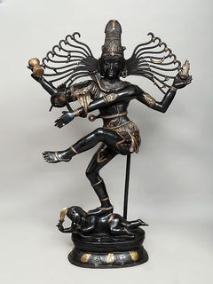 Dancing Shiva Nataraja brass sculpture, front view with multi-armed crown halo