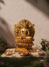 Seated brass Buddha idol on ornate six-ornament throne, large size