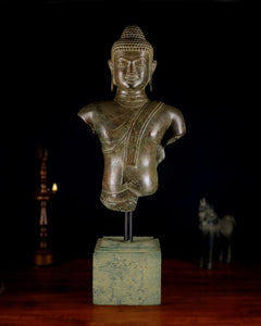 Bronze Buddha bust, 27.5 in tall, front view on square base.