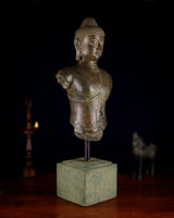 Bronze Buddha bust, 27.5 in tall, angled face and shoulders on square base.