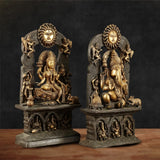 Antique brass Lakshmi–Ganesh Chola idol pair, front view with detailed crowns